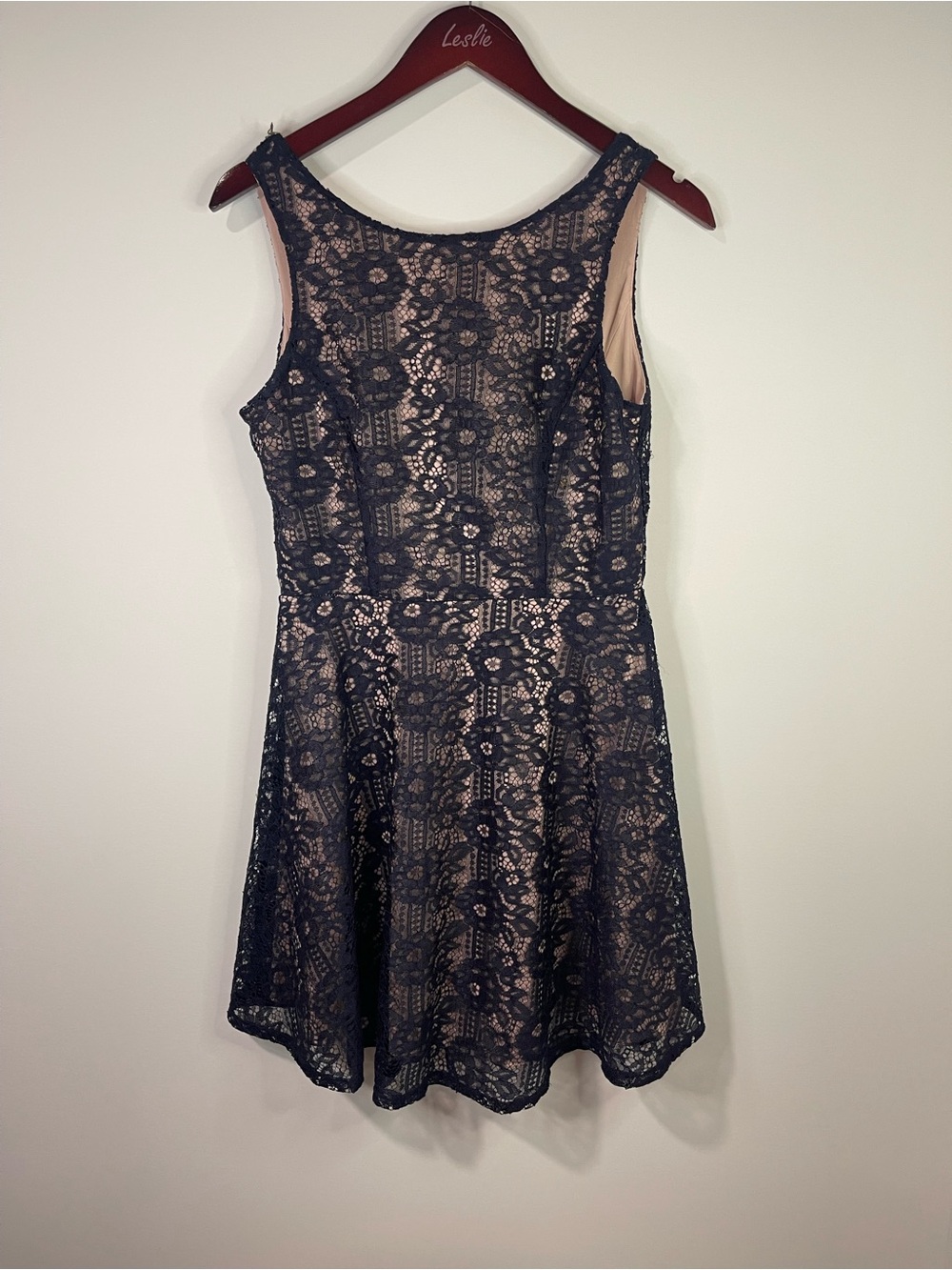 Speechless sleevless Navy Lace Dress with Nude Underlay